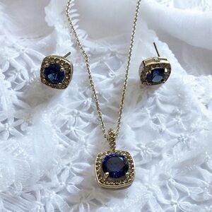 Stunning Blue Sapphire & Diamond Halo Jewelry Set - Necklace & Earrings